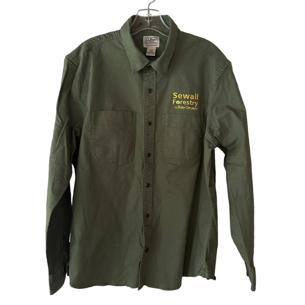 LL Bean Sewall Forestry Traditional Fit Button Up Work Shirt Small Twill Green